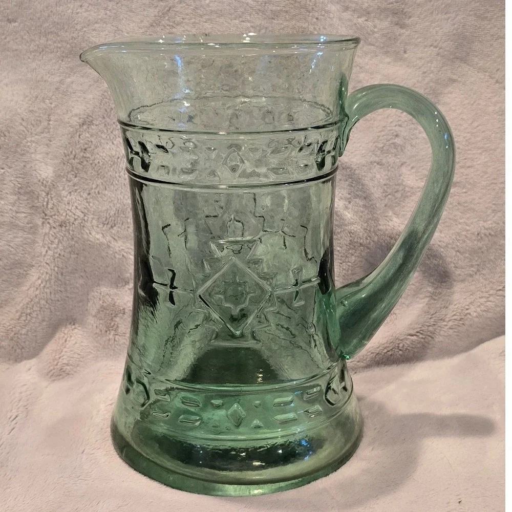 Pitcher‎ Green Glass w/ Southwestern Design Native Embossed 8